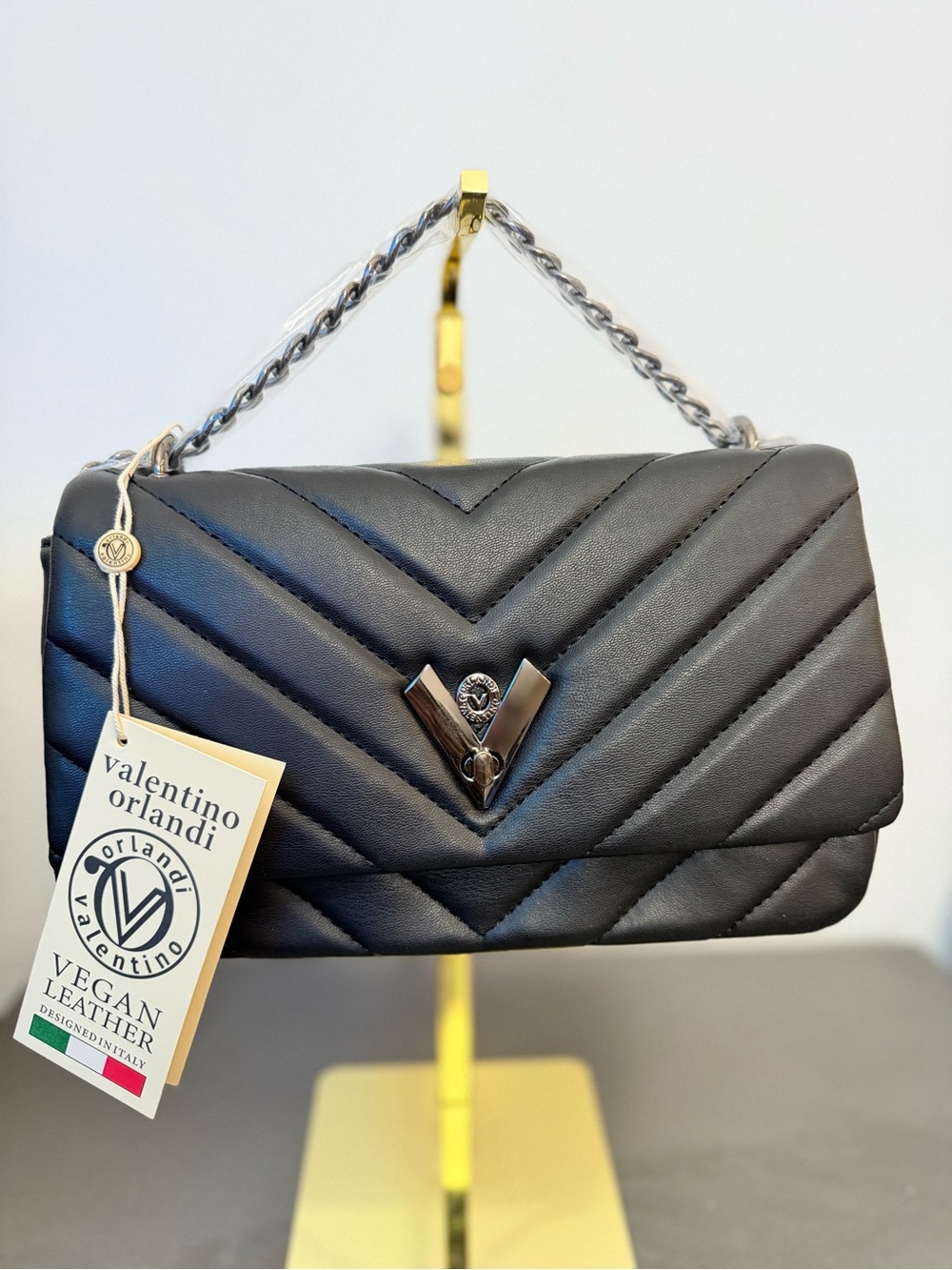 Valentino Orlandi Black Quilted Shoulder Bag with Silver Chain